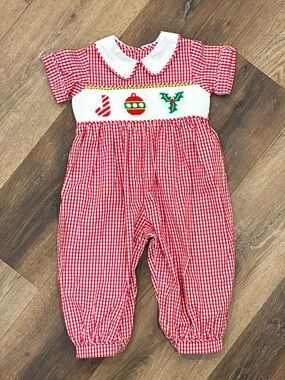 Remember Nguyen Red Christmas Outfit Smocked Romper Holiday One Piece Joy 12m